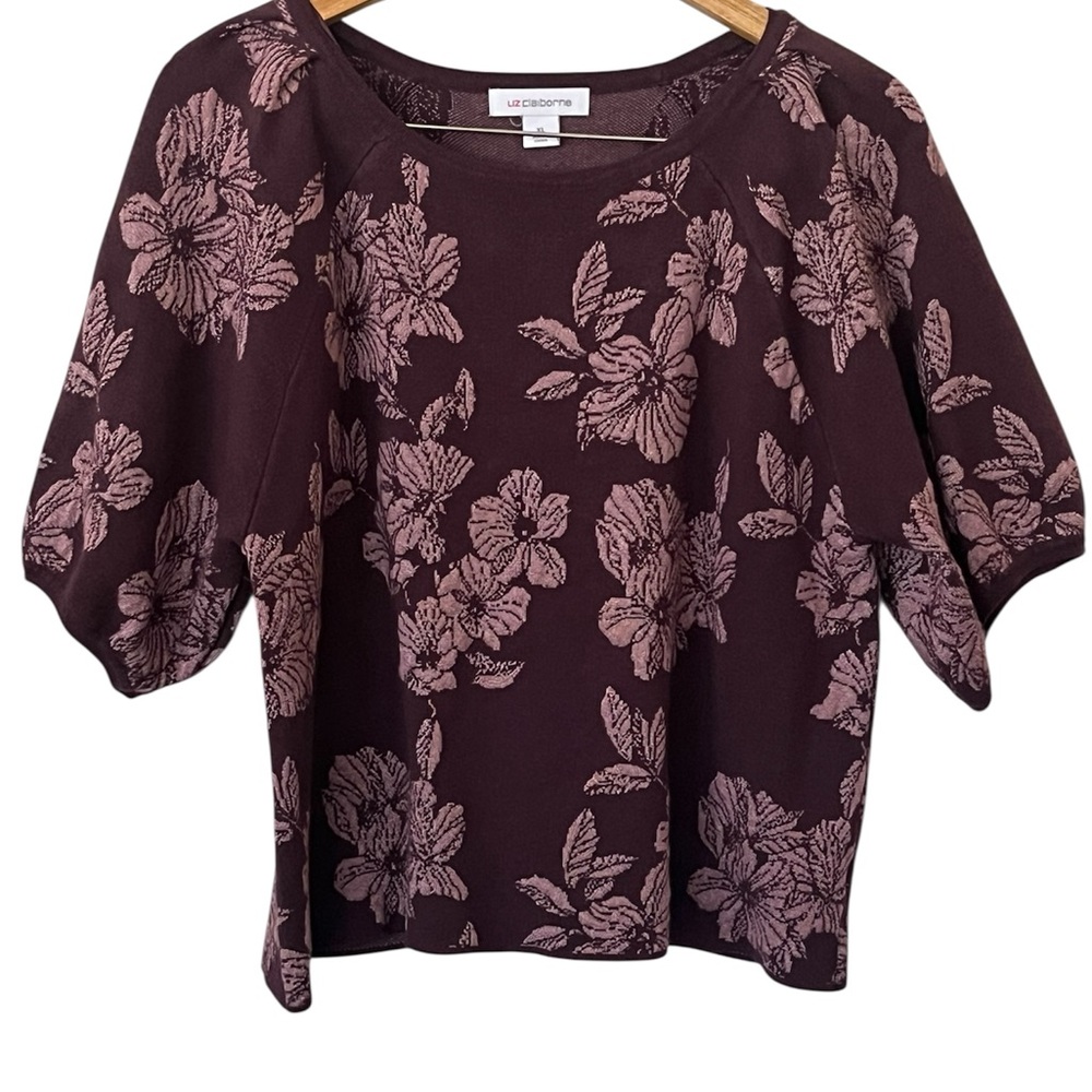 Liz Claiborne Plum Floral Short-Sleeve Thick Blouse Sweater Metallic Blush Print